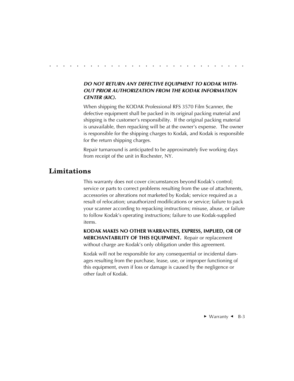 Limitations | Kodak RFS 3570 User Manual | Page 165 / 220