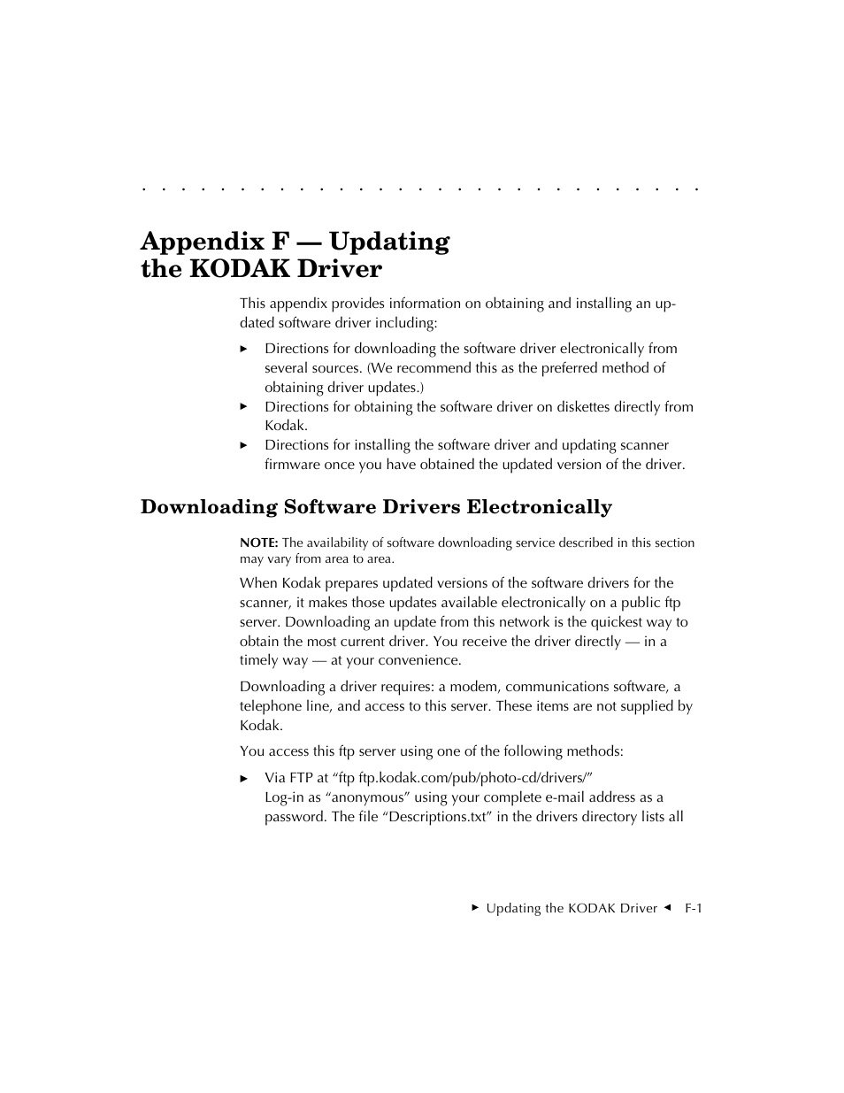 Appendix f — updating the kodak driver, Downloading software drivers electronically | Kodak RFS 3570 User Manual | Page 193 / 220