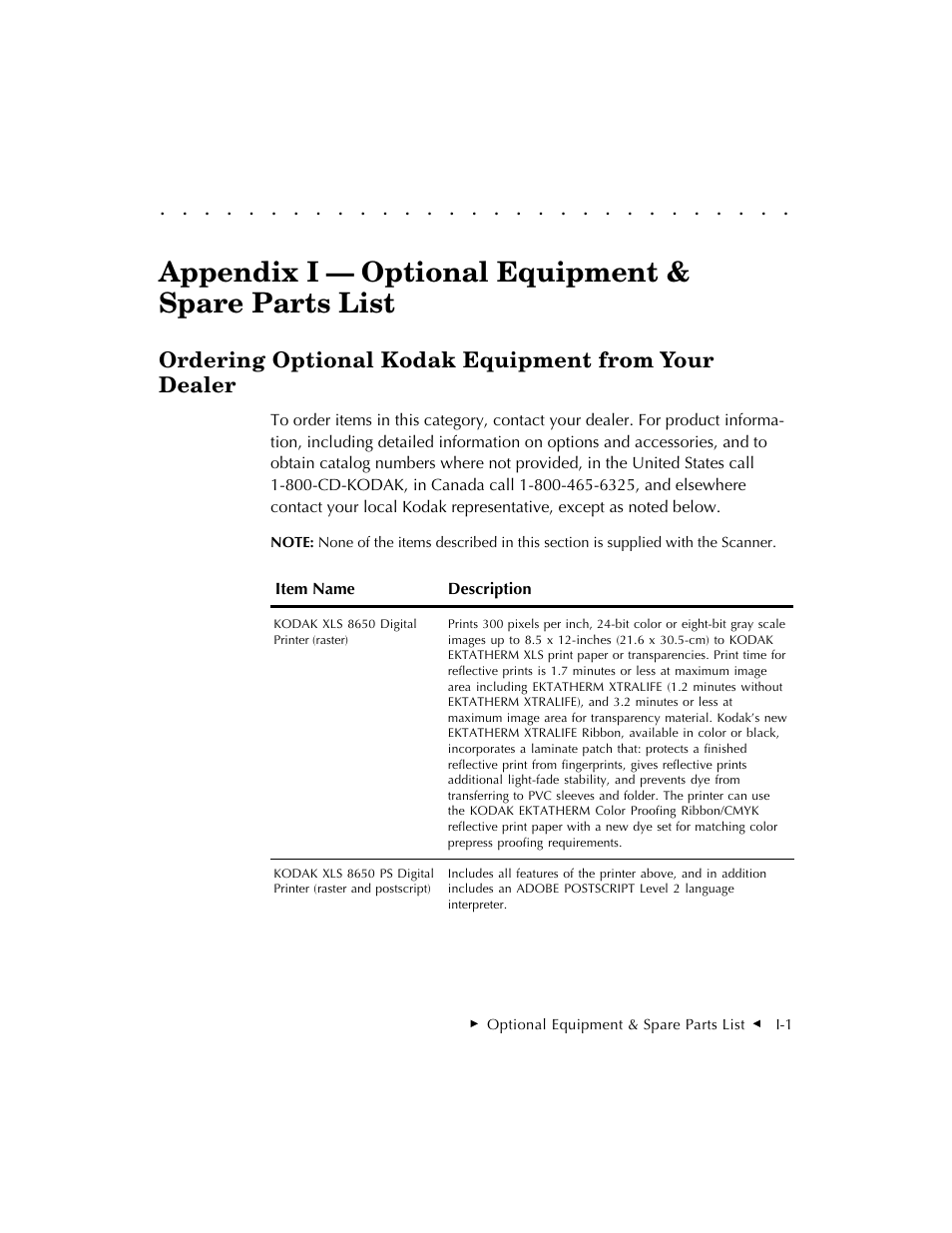 Appendix i — optional equipment & spare parts list, Ordering optional kodak equipment from your dealer | Kodak RFS 3570 User Manual | Page 201 / 220