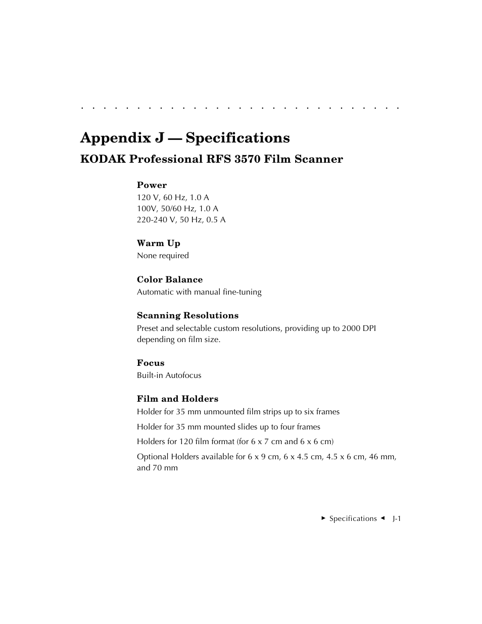 Appendix j — specifications, Kodak professional rfs 3570 film scanner | Kodak RFS 3570 User Manual | Page 207 / 220