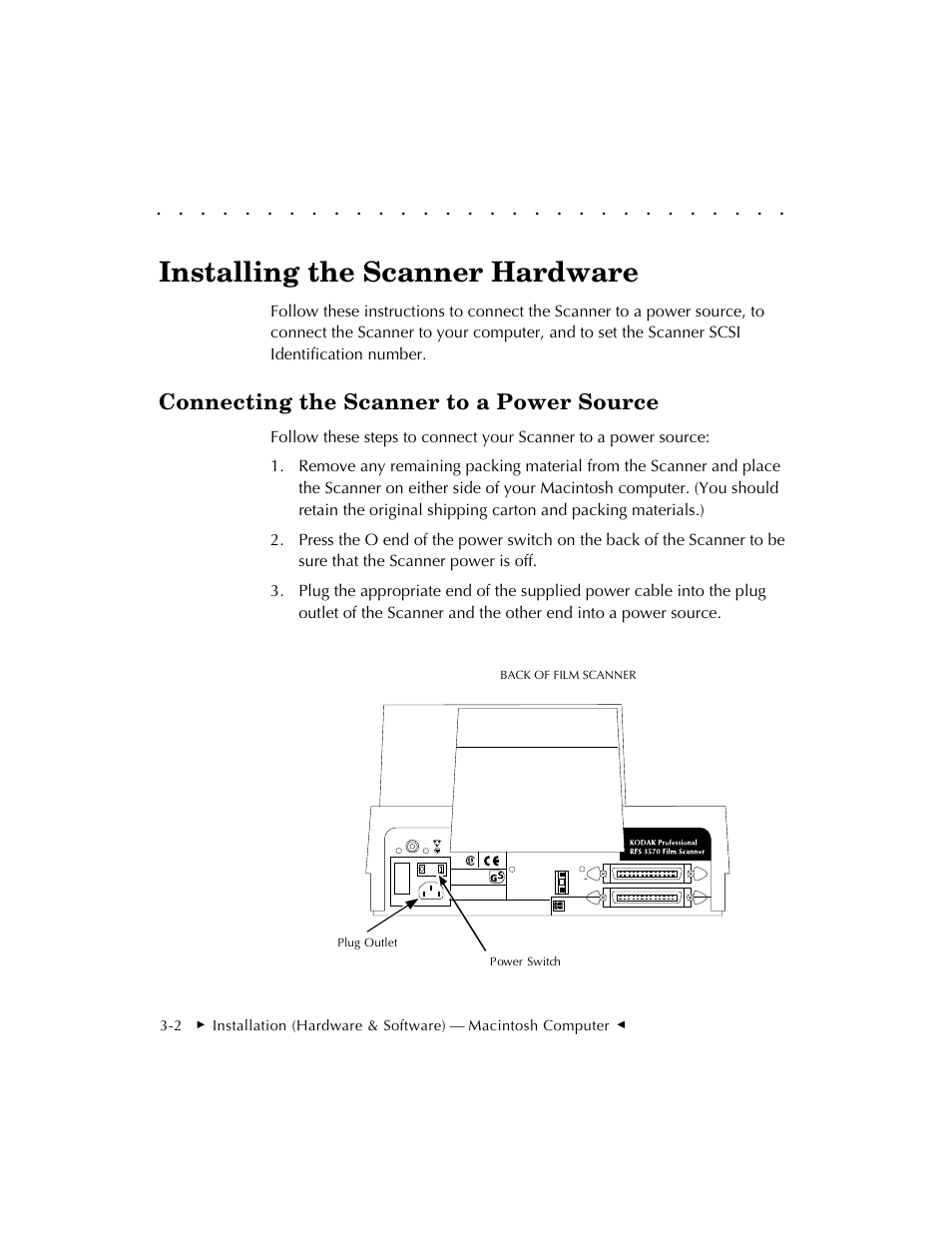 Installing the scanner hardware, Connecting the scanner to a power source | Kodak RFS 3570 User Manual | Page 24 / 220