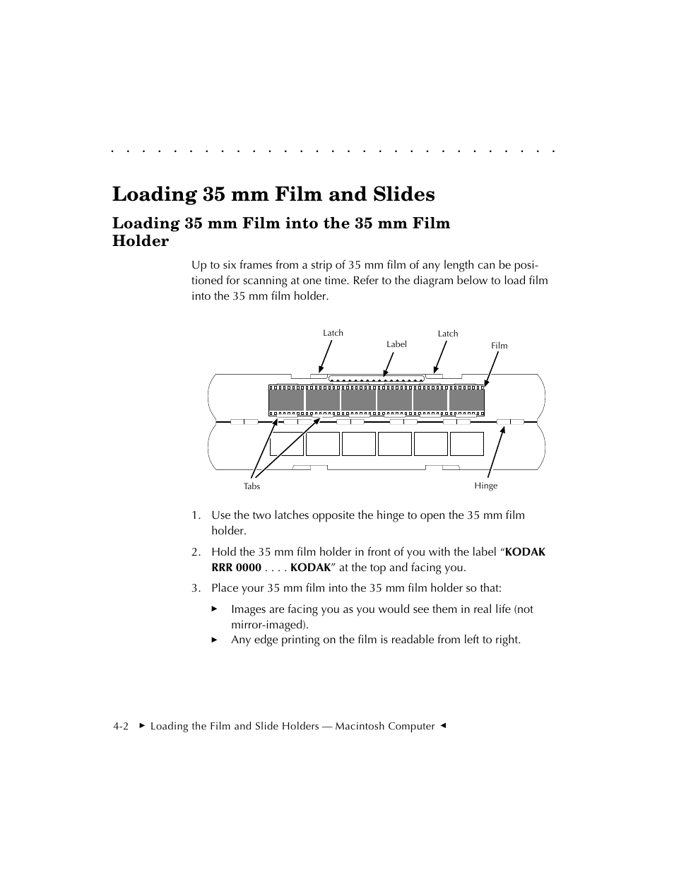 Loading 35 mm film and slides, Loading 35 mm film into the 35 mm film holder | Kodak RFS 3570 User Manual | Page 46 / 220