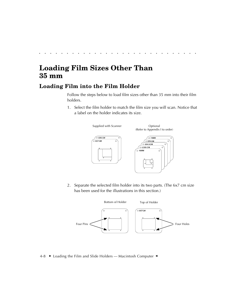 Loading film sizes other than 35 mm, Loading film into the film holder | Kodak RFS 3570 User Manual | Page 52 / 220