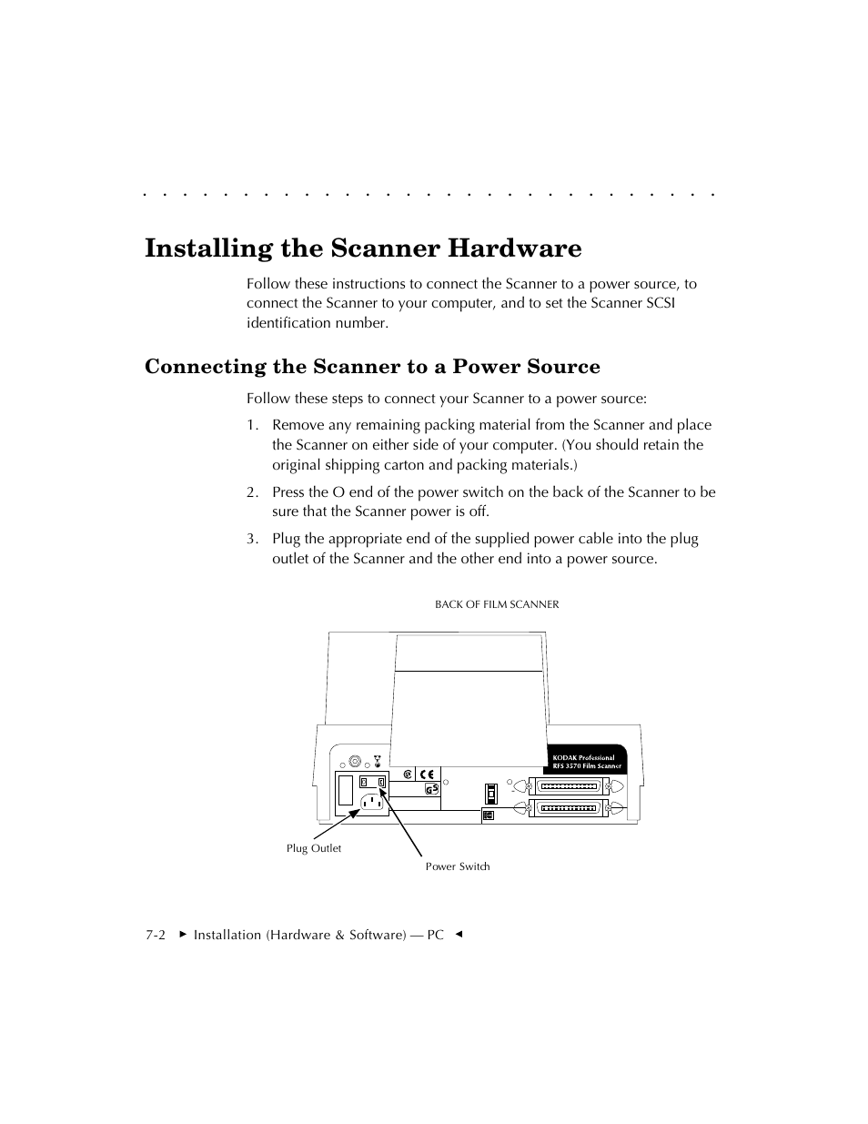 Installing the scanner hardware, Connecting the scanner to a power source | Kodak RFS 3570 User Manual | Page 92 / 220