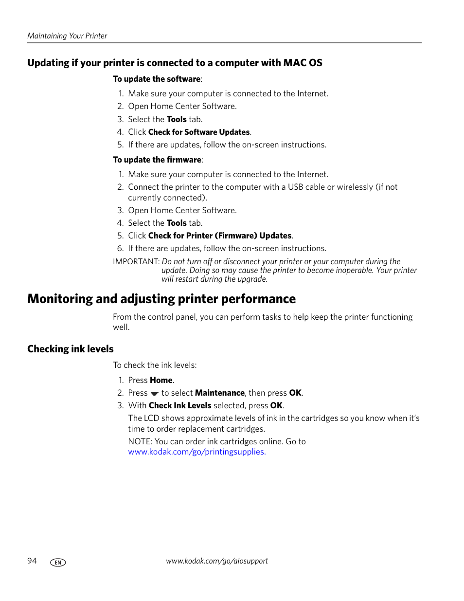 Monitoring and adjusting printer performance, Checking ink levels | Kodak 5.1 User Manual | Page 100 / 118