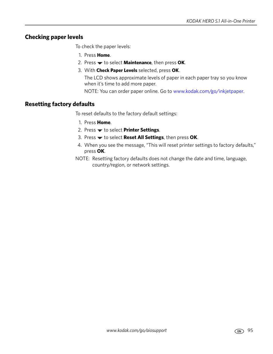 Checking paper levels, Resetting factory defaults, Checking paper levels resetting factory defaults | Resetting factory, Or def | Kodak 5.1 User Manual | Page 101 / 118