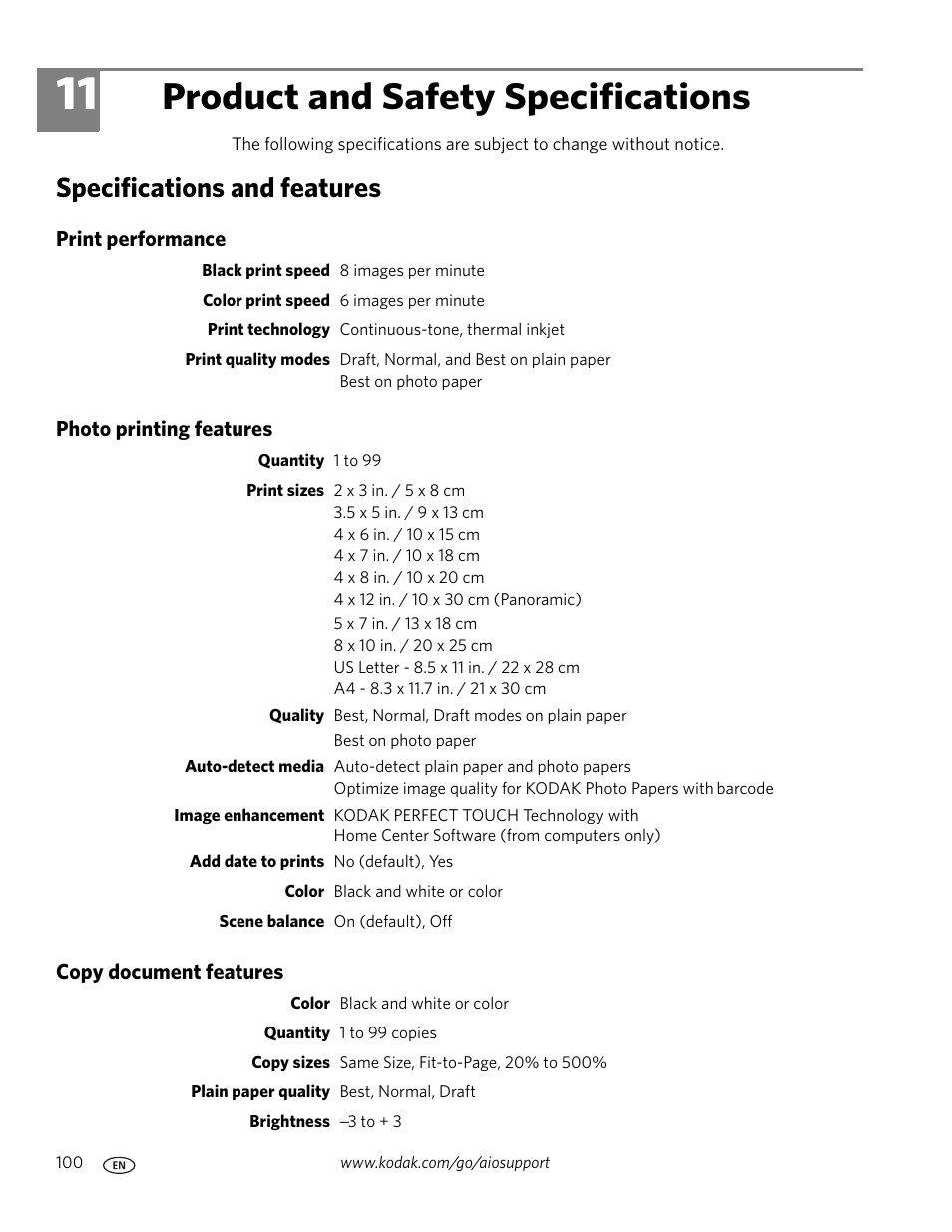 Product and safety specifications, Specifications and features, Print performance | Photo printing features, Copy document features, 11 product and safety specifications | Kodak 5.1 User Manual | Page 106 / 118