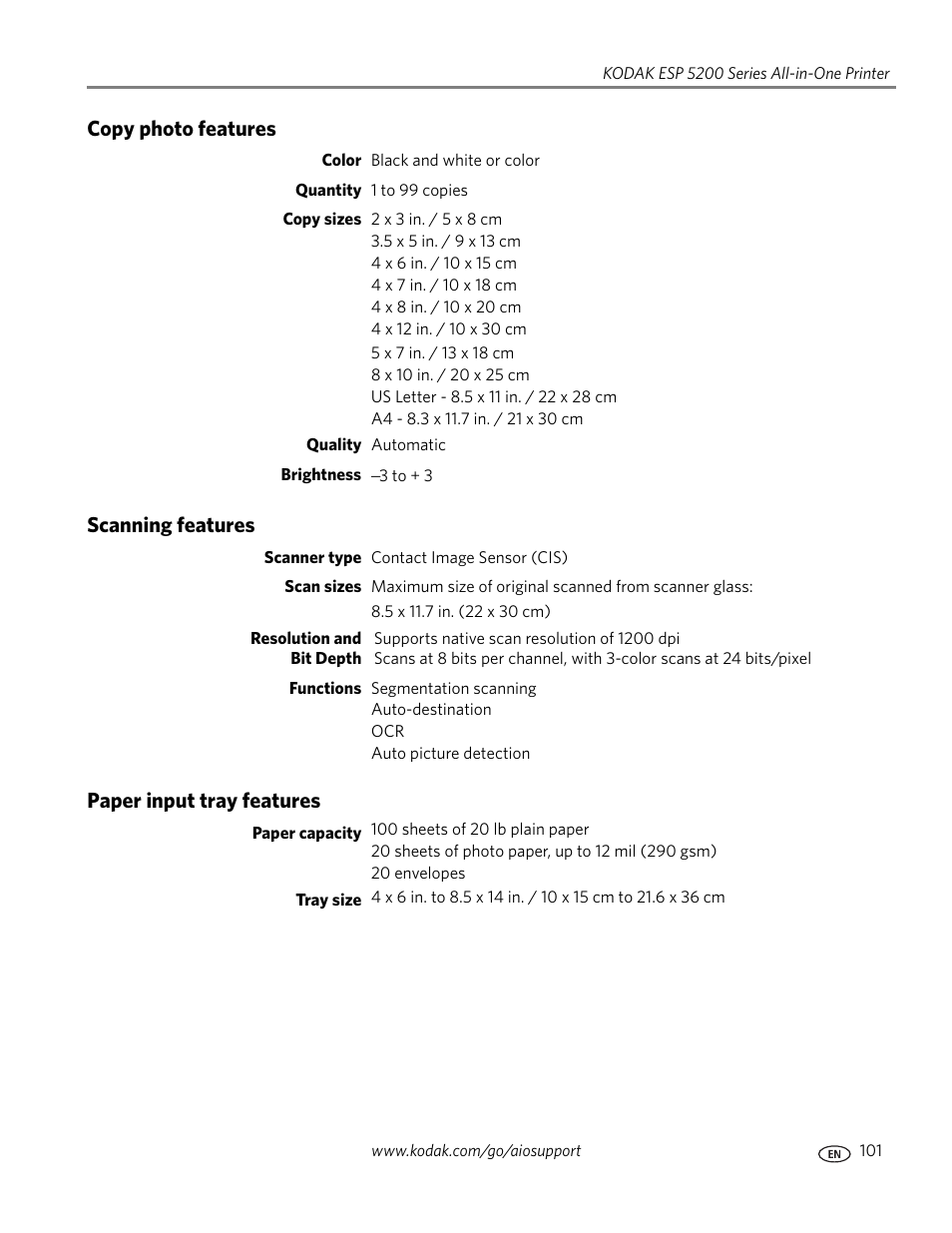 Copy photo features, Scanning features, Paper input tray features | Kodak 5.1 User Manual | Page 107 / 118