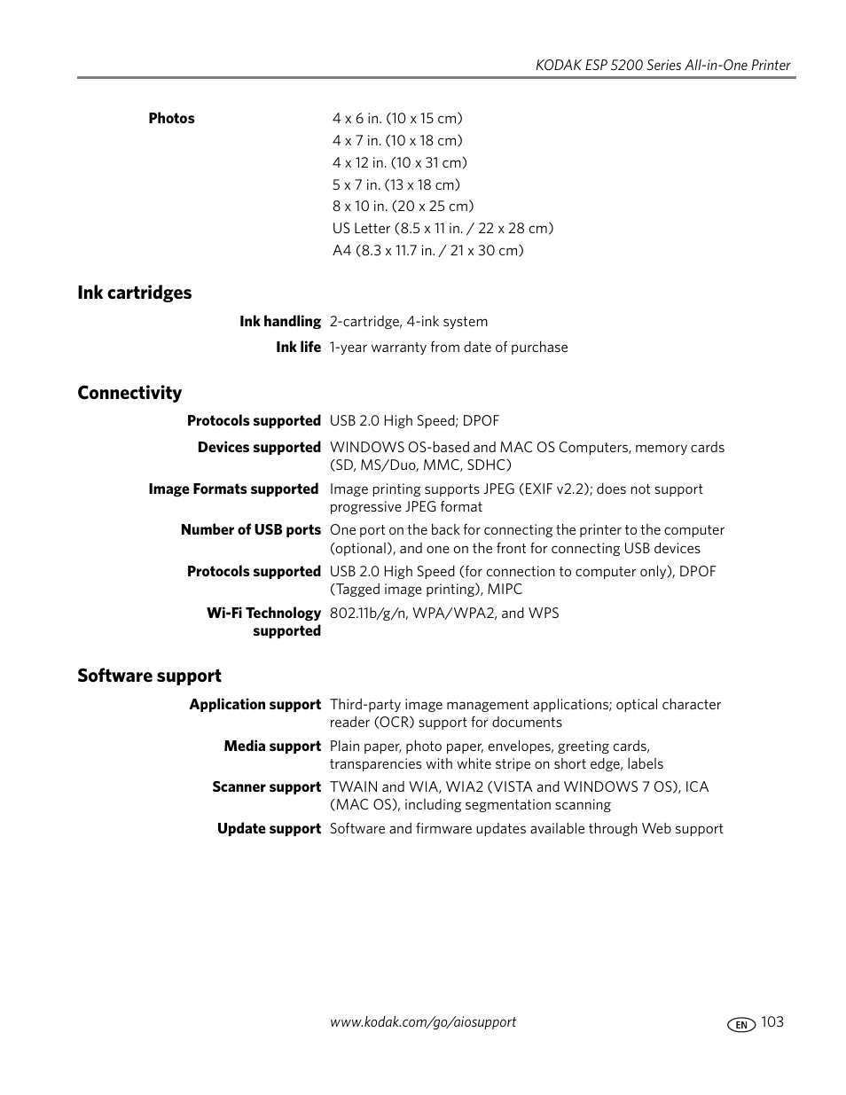 Ink cartridges, Connectivity, Software support | Ink cartridges connectivity software support | Kodak 5.1 User Manual | Page 109 / 118