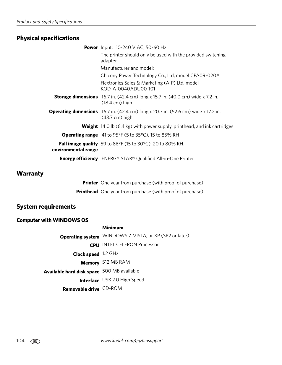 Physical specifications, Warranty, System requirements | Computer with windows os | Kodak 5.1 User Manual | Page 110 / 118