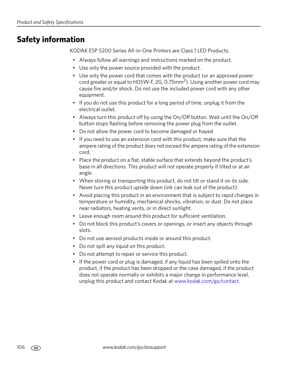 Safety information | Kodak 5.1 User Manual | Page 112 / 118