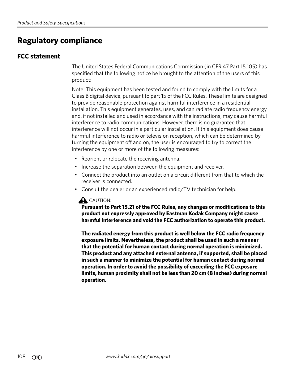 Regulatory compliance, Fcc statement | Kodak 5.1 User Manual | Page 114 / 118