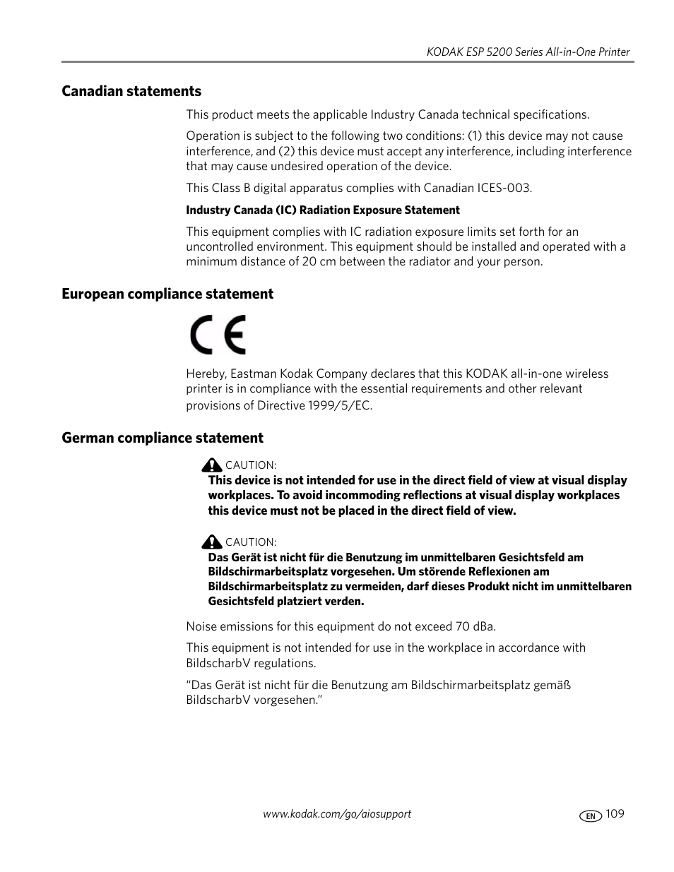 Canadian statements, European compliance statement, German compliance statement | Kodak 5.1 User Manual | Page 115 / 118