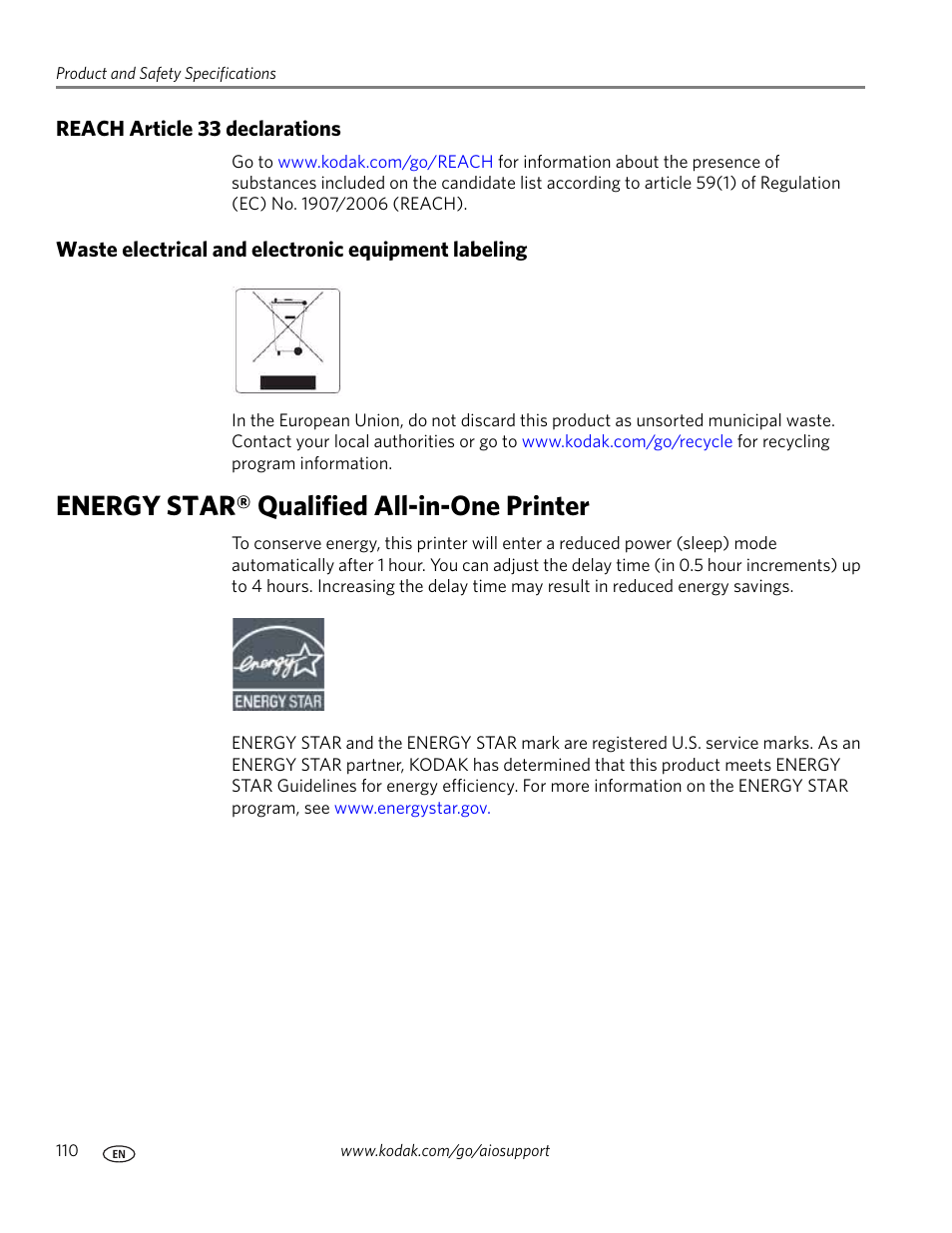 Reach article 33 declarations, Waste electrical and electronic equipment labeling, Energy star® qualified all-in-one printer | Kodak 5.1 User Manual | Page 116 / 118