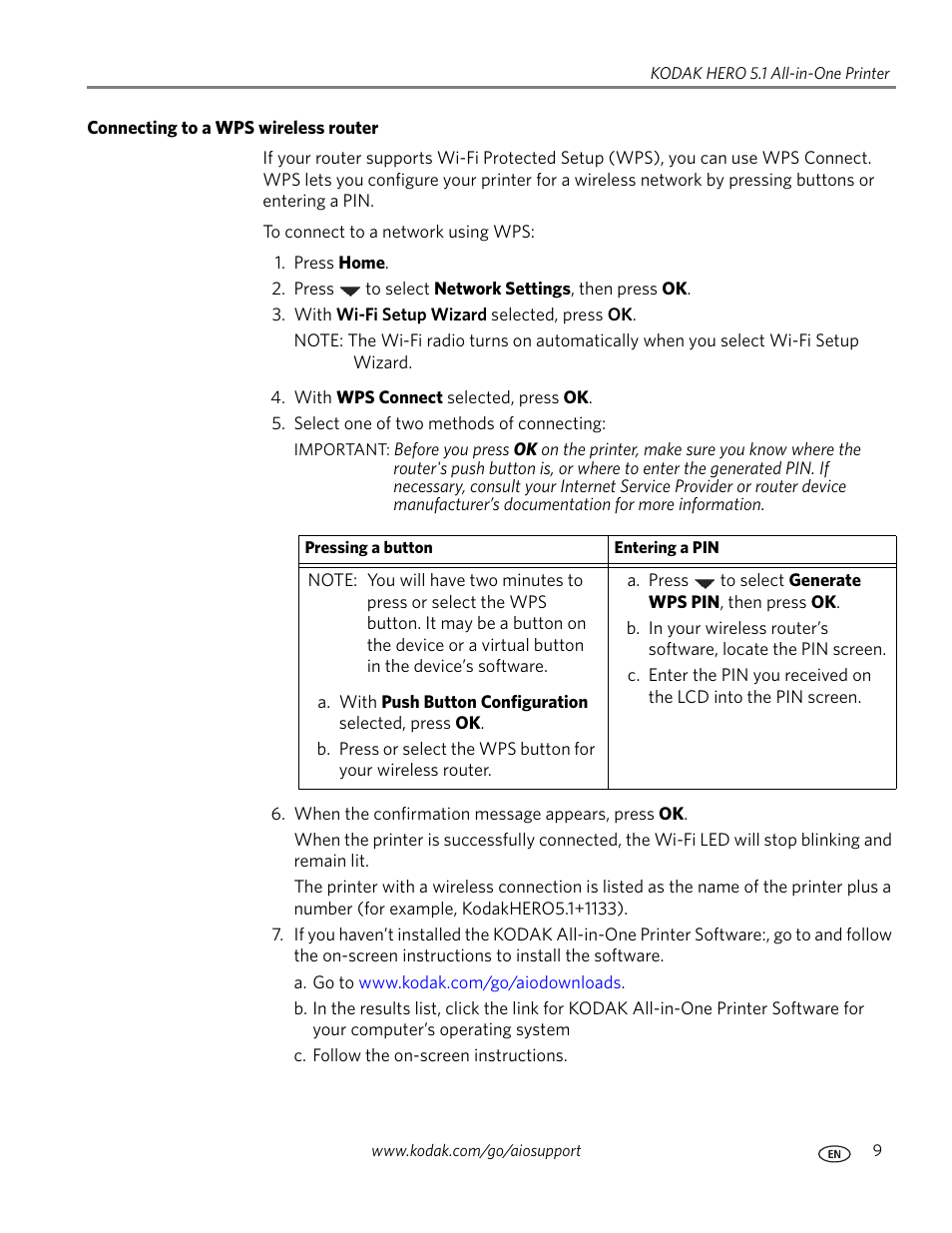 Connecting to a wps wireless router | Kodak 5.1 User Manual | Page 15 / 118