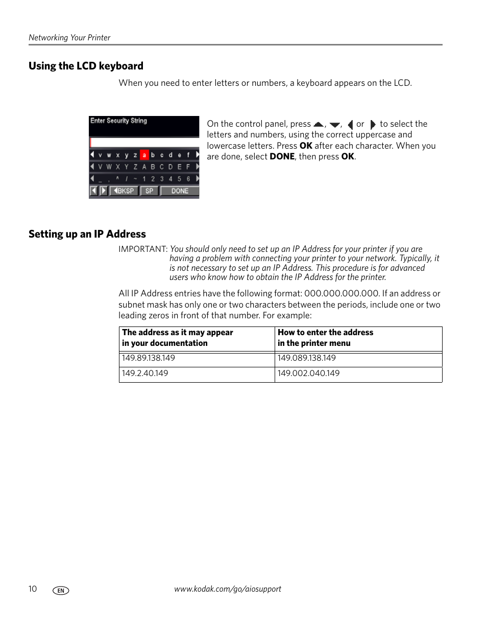 Using the lcd keyboard, Setting up an ip address, Using the lcd keyboard setting up an ip address | Using the lcd | Kodak 5.1 User Manual | Page 16 / 118