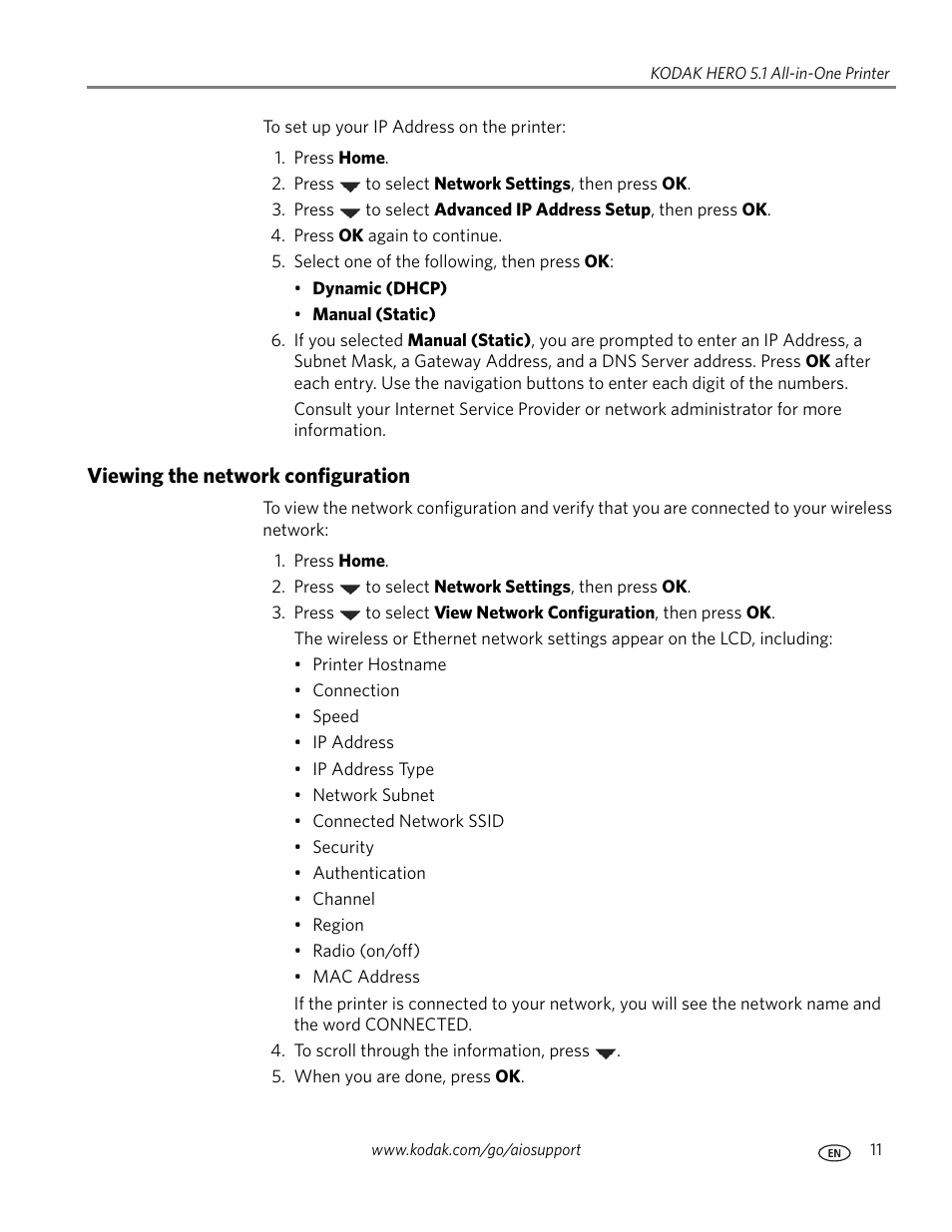 Viewing the network configuration | Kodak 5.1 User Manual | Page 17 / 118