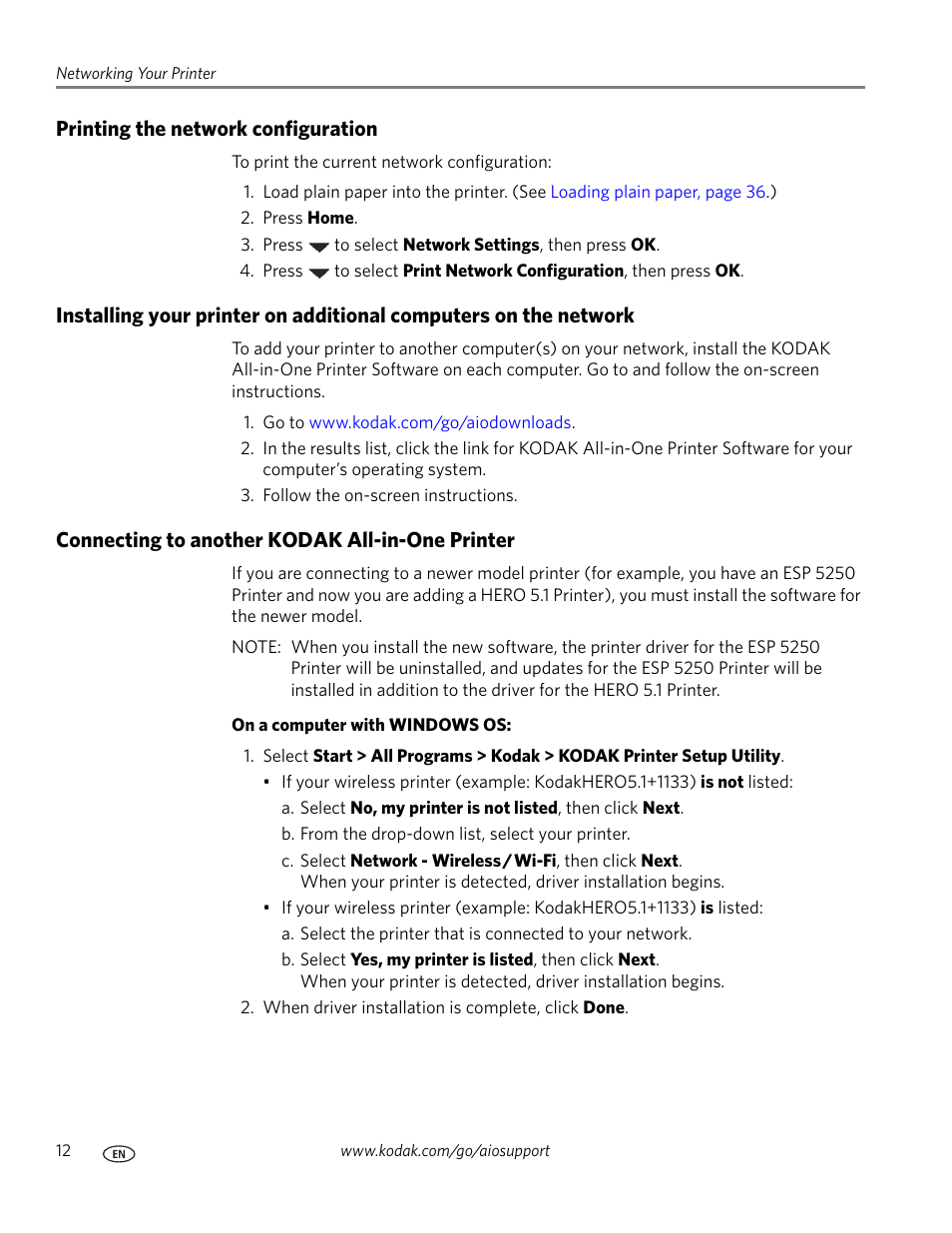 Printing the network configuration, Connecting to another kodak all-in-one printer | Kodak 5.1 User Manual | Page 18 / 118