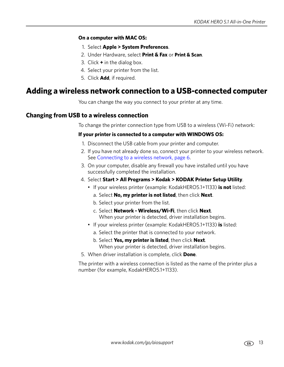 Changing from usb to a wireless connection | Kodak 5.1 User Manual | Page 19 / 118