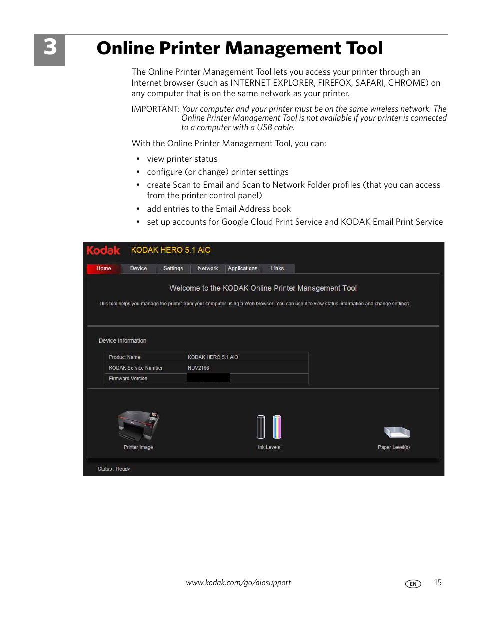 Online printer management tool, 3 online printer management tool | Kodak 5.1 User Manual | Page 21 / 118