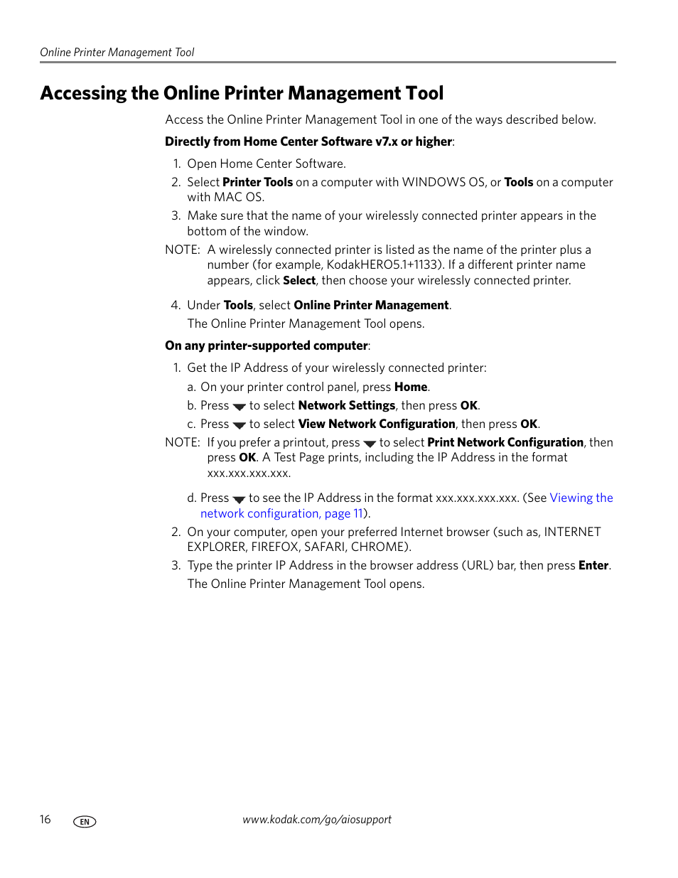 Accessing the online printer management tool | Kodak 5.1 User Manual | Page 22 / 118