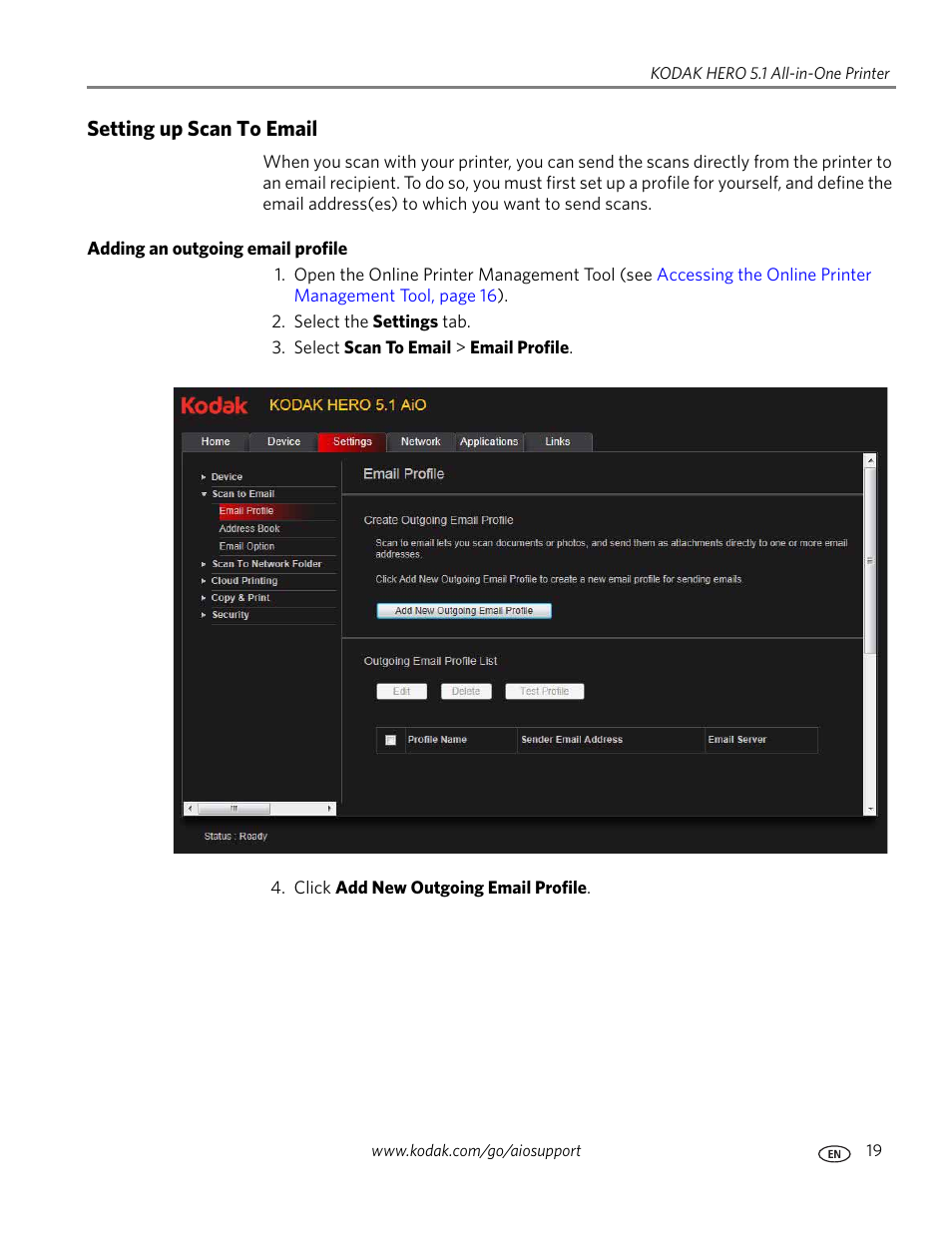 Setting up scan to email, Adding an outgoing email profile | Kodak 5.1 User Manual | Page 25 / 118