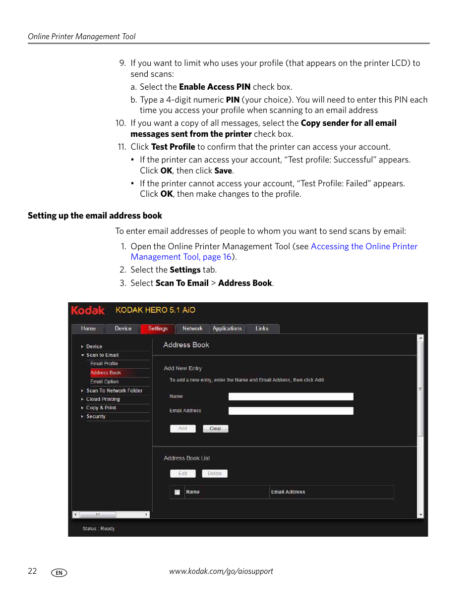 Setting up the email address book | Kodak 5.1 User Manual | Page 28 / 118