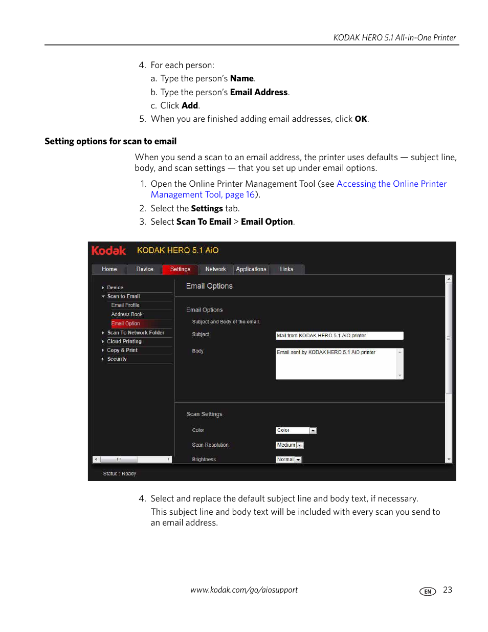 Setting options for scan to email | Kodak 5.1 User Manual | Page 29 / 118