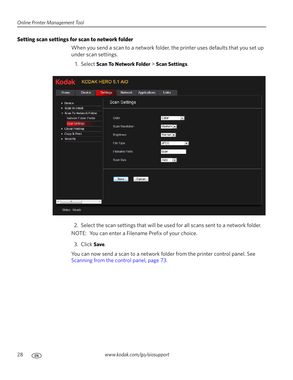 Setting scan settings for scan to network folder | Kodak 5.1 User Manual | Page 34 / 118