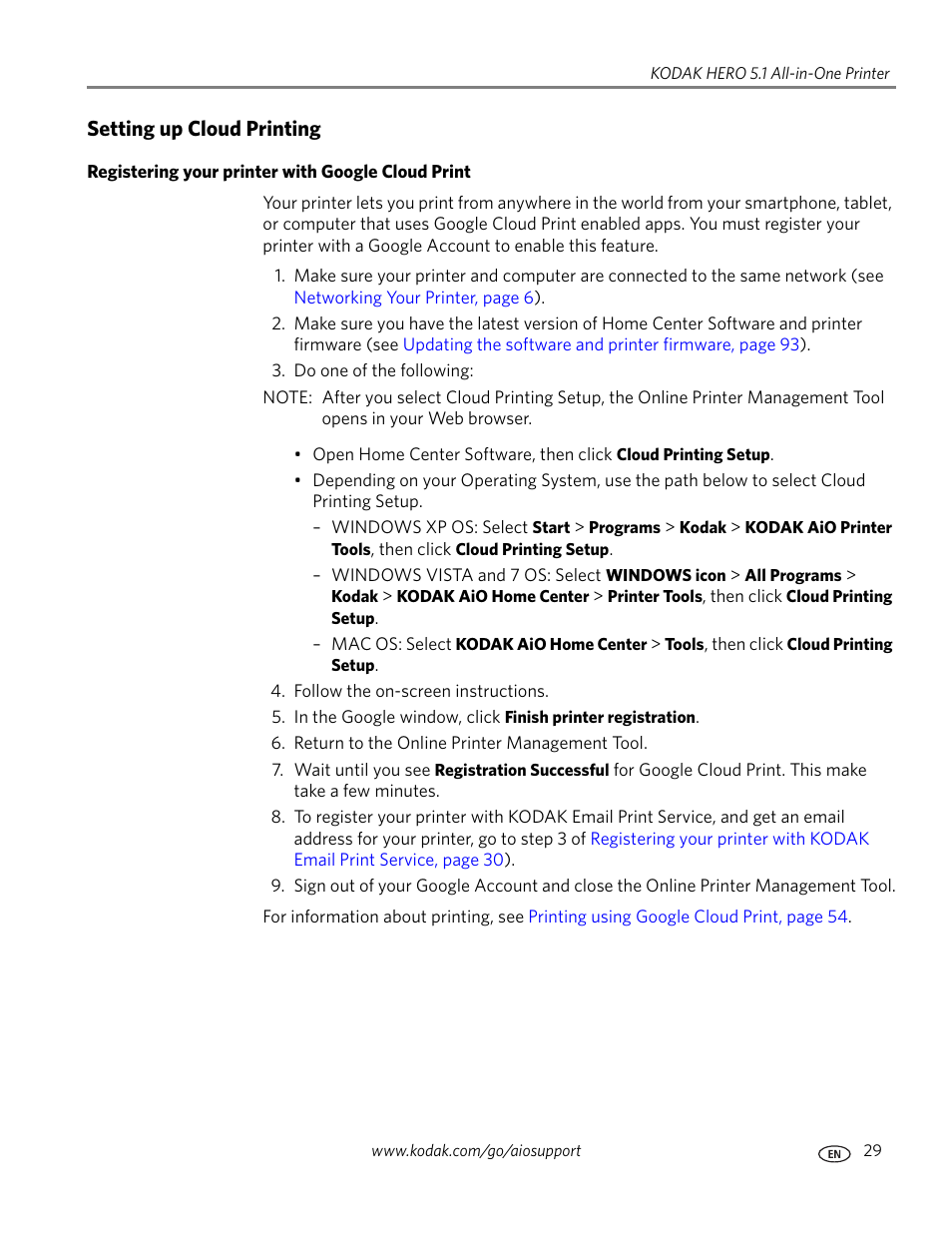 Setting up cloud printing, Registering your printer with google cloud print | Kodak 5.1 User Manual | Page 35 / 118