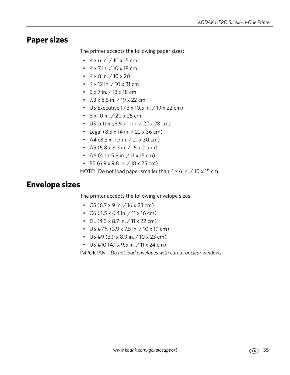 Paper sizes, Envelope sizes, Paper sizes envelope sizes | Kodak 5.1 User Manual | Page 41 / 118