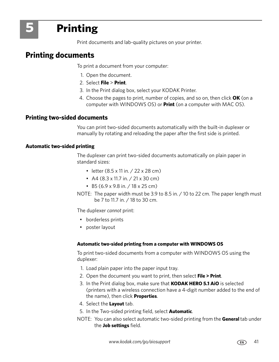 Printing, Printing documents, Printing two-sided documents | Automatic two-sided printing, 5 printing | Kodak 5.1 User Manual | Page 47 / 118