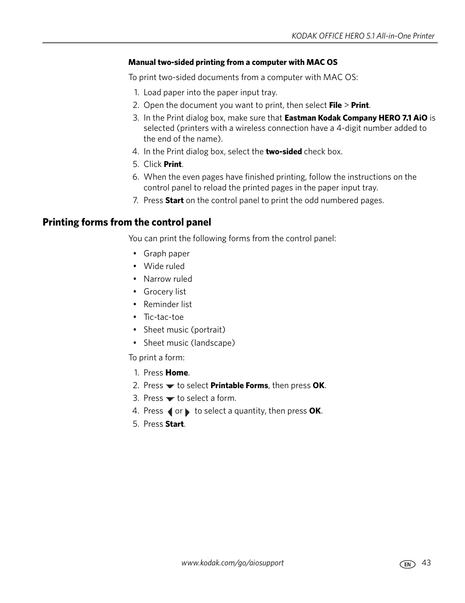 Printing forms from the control panel | Kodak 5.1 User Manual | Page 49 / 118