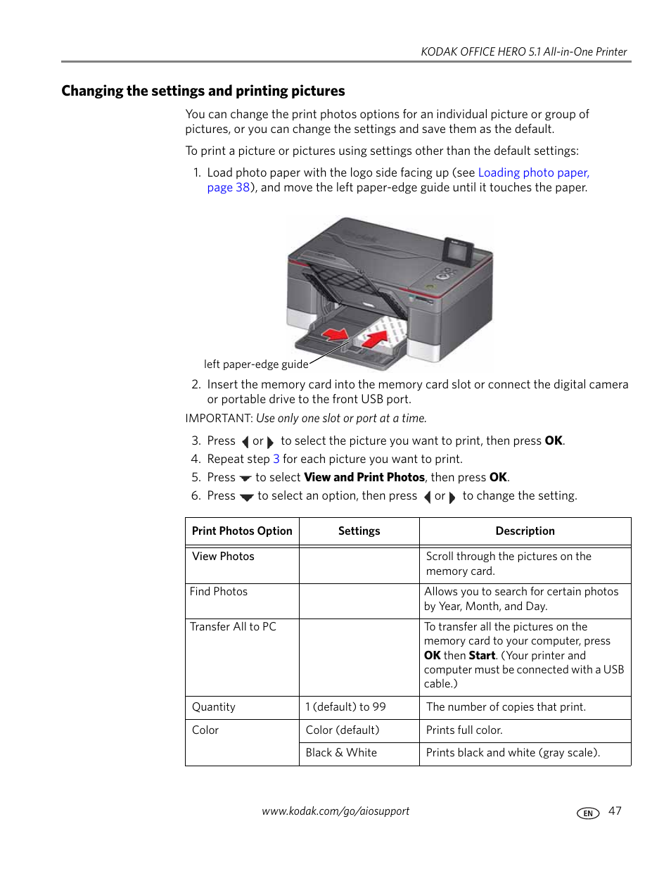 Changing the settings and printing pictures | Kodak 5.1 User Manual | Page 53 / 118