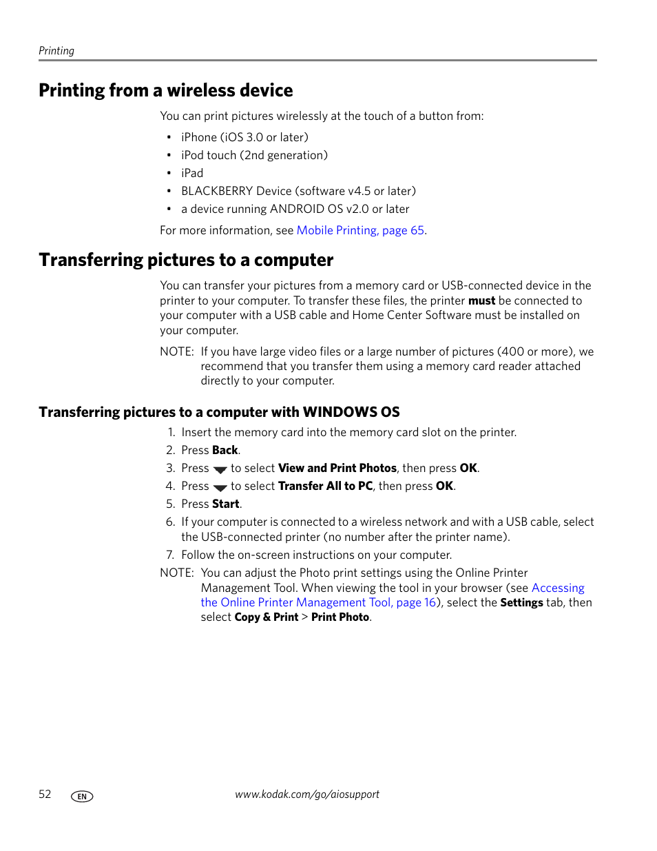 Printing from a wireless device, Transferring pictures to a computer | Kodak 5.1 User Manual | Page 58 / 118