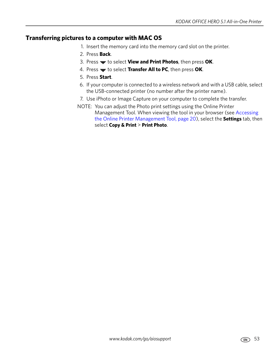 Transferring pictures to a computer with mac os | Kodak 5.1 User Manual | Page 59 / 118