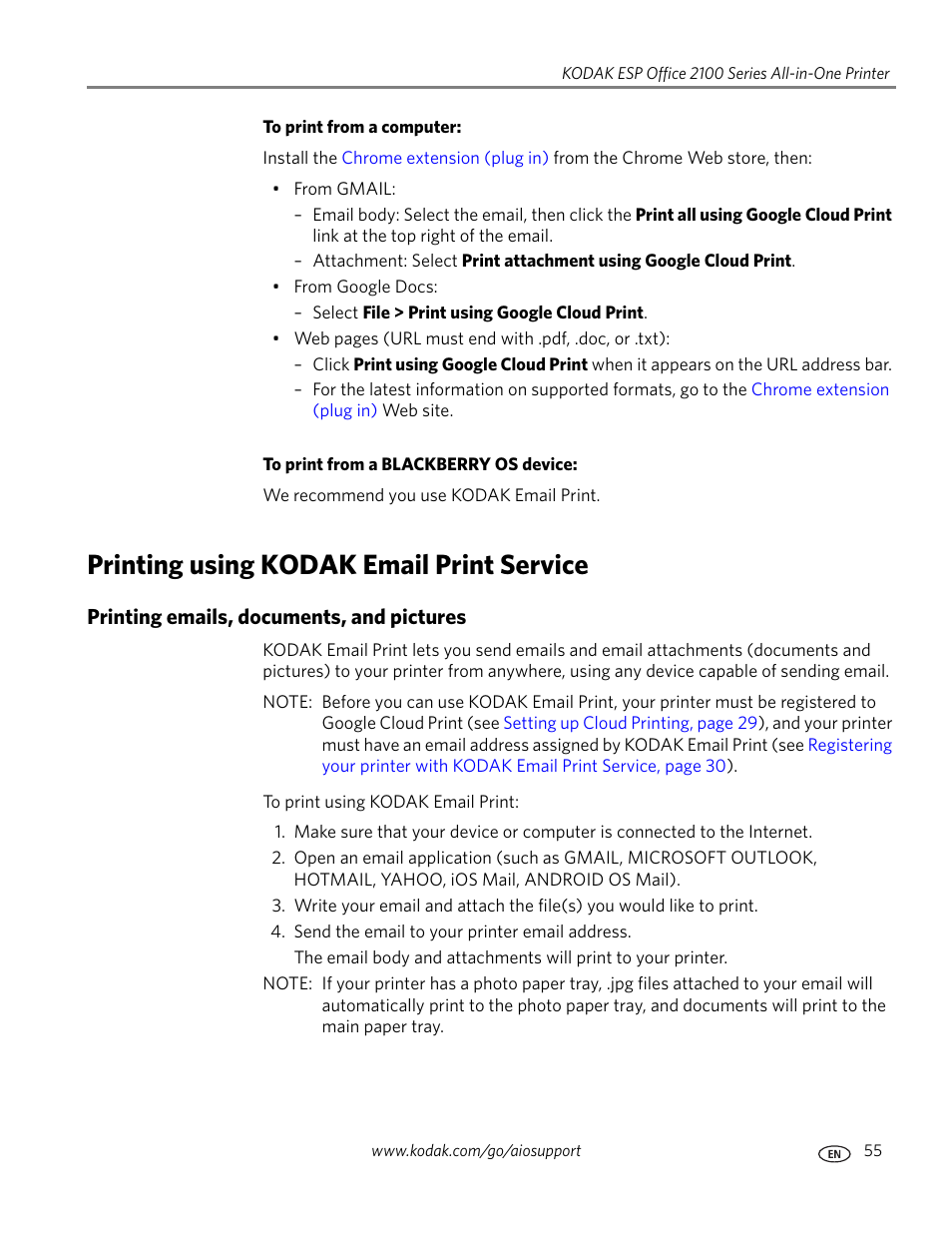 Printing using kodak email print service, Printing emails, documents, and pictures | Kodak 5.1 User Manual | Page 61 / 118