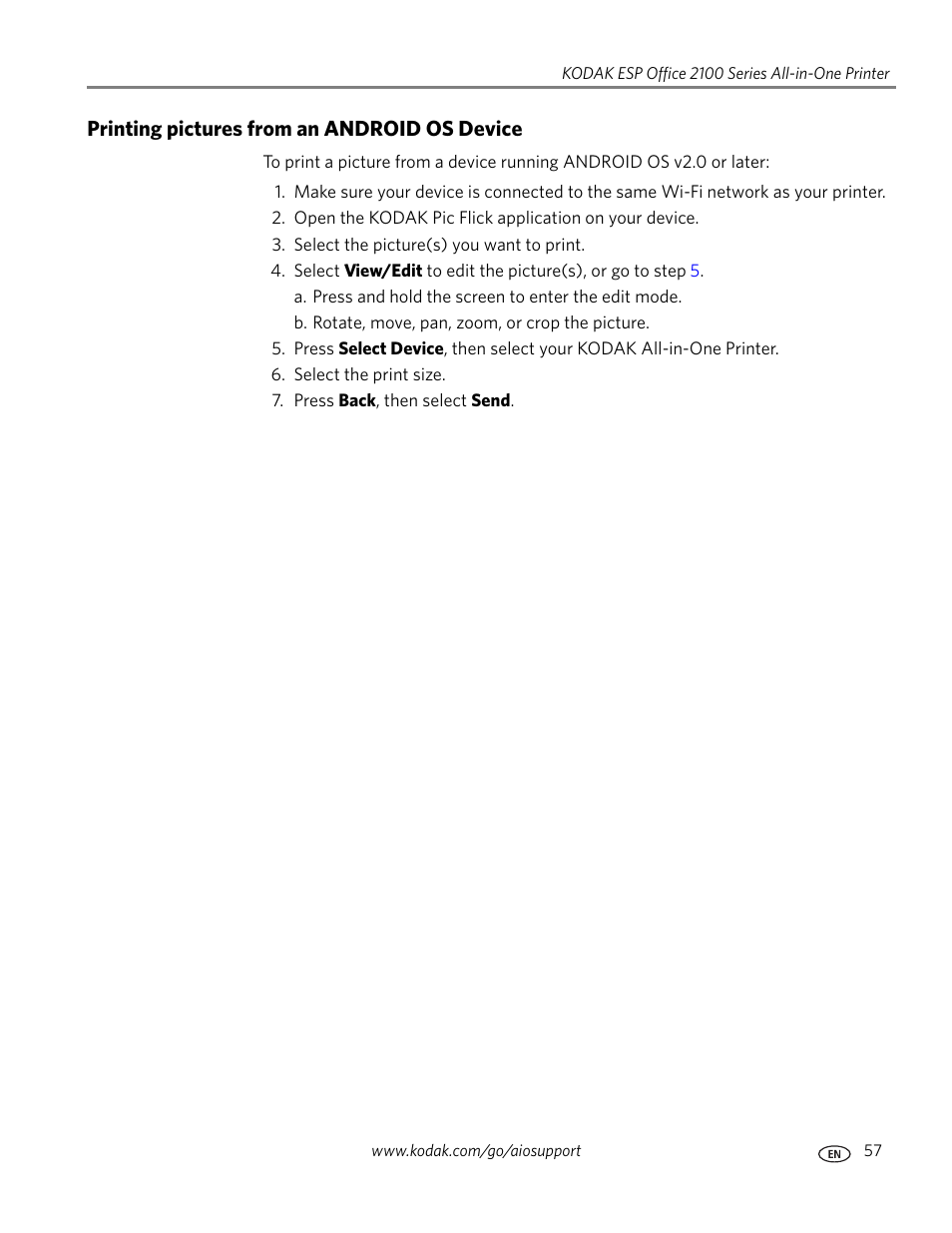 Printing pictures from an android os device | Kodak 5.1 User Manual | Page 63 / 118