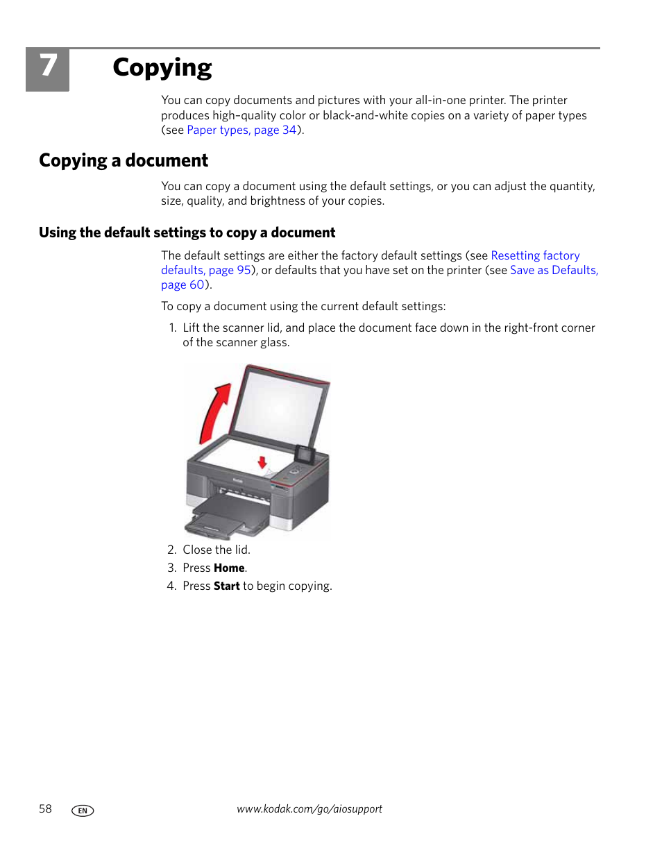 Copying, Copying a document, Using the default settings to copy a document | 7 copying | Kodak 5.1 User Manual | Page 64 / 118