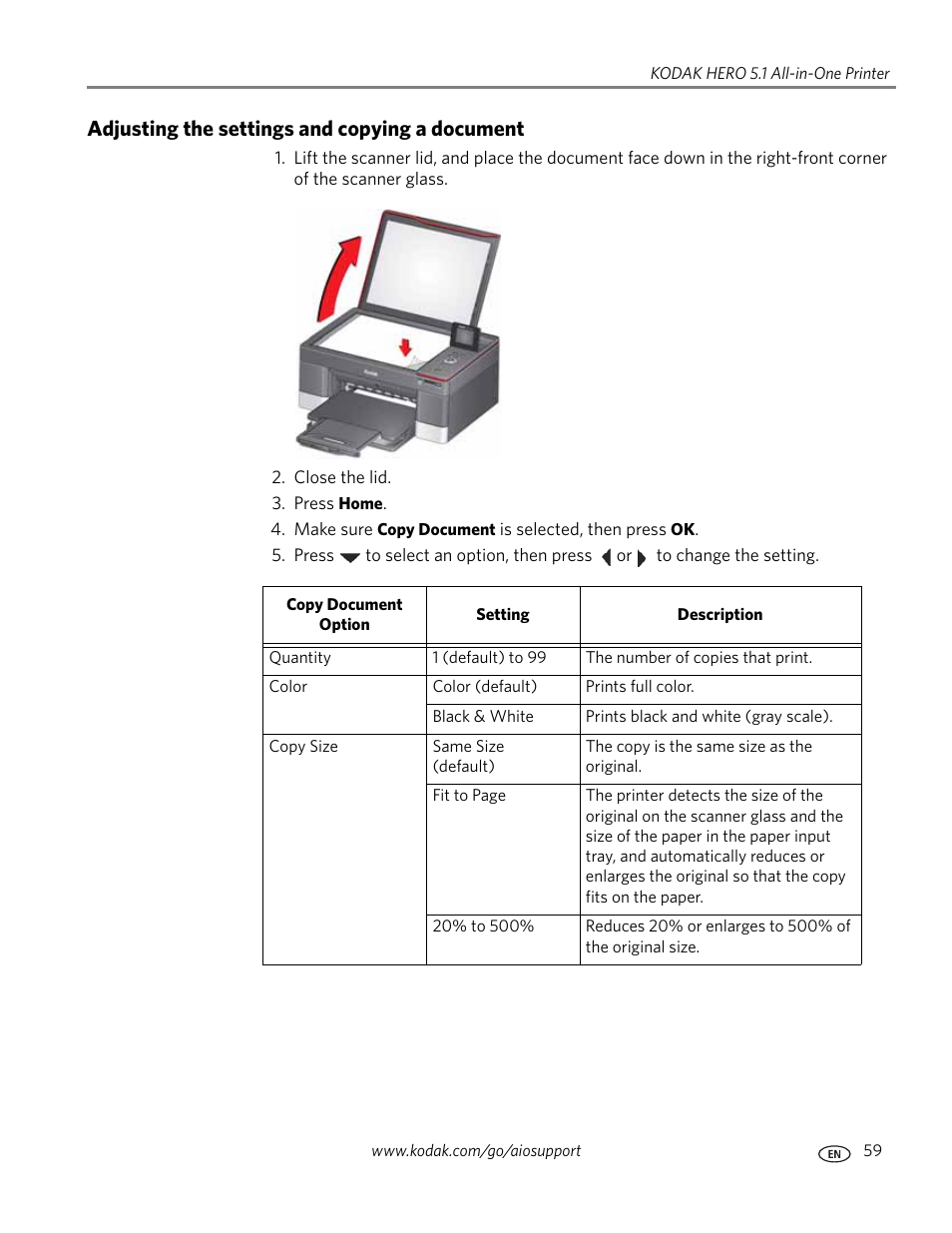 Adjusting the settings and copying a document | Kodak 5.1 User Manual | Page 65 / 118