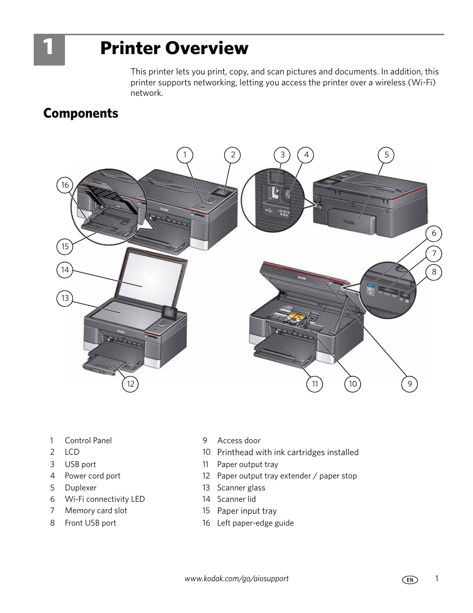 Printer overview, Components, 1 printer overview | Kodak 5.1 User Manual | Page 7 / 118