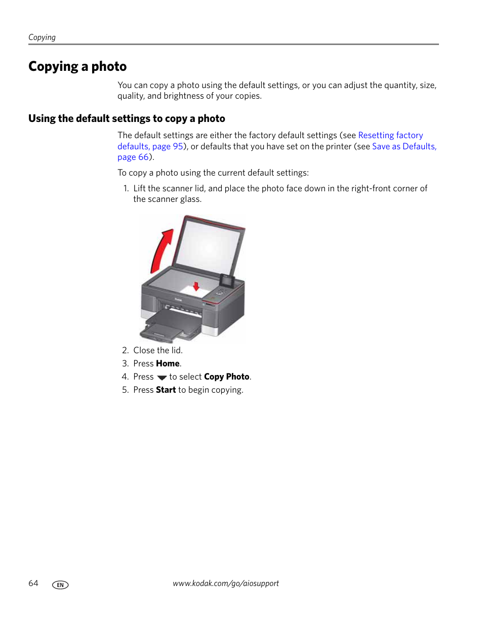 Copying a photo, Using the default settings to copy a photo | Kodak 5.1 User Manual | Page 70 / 118