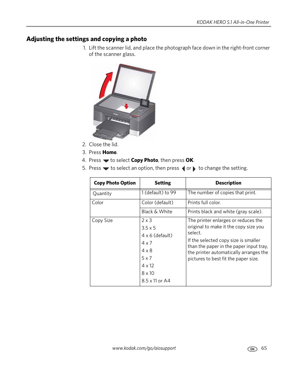 Adjusting the settings and copying a photo | Kodak 5.1 User Manual | Page 71 / 118