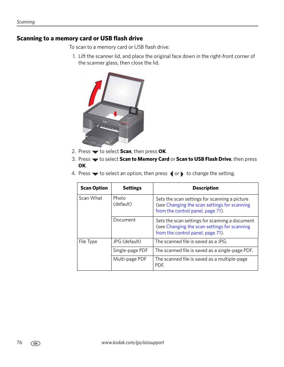Scanning to a memory card or usb flash drive | Kodak 5.1 User Manual | Page 82 / 118