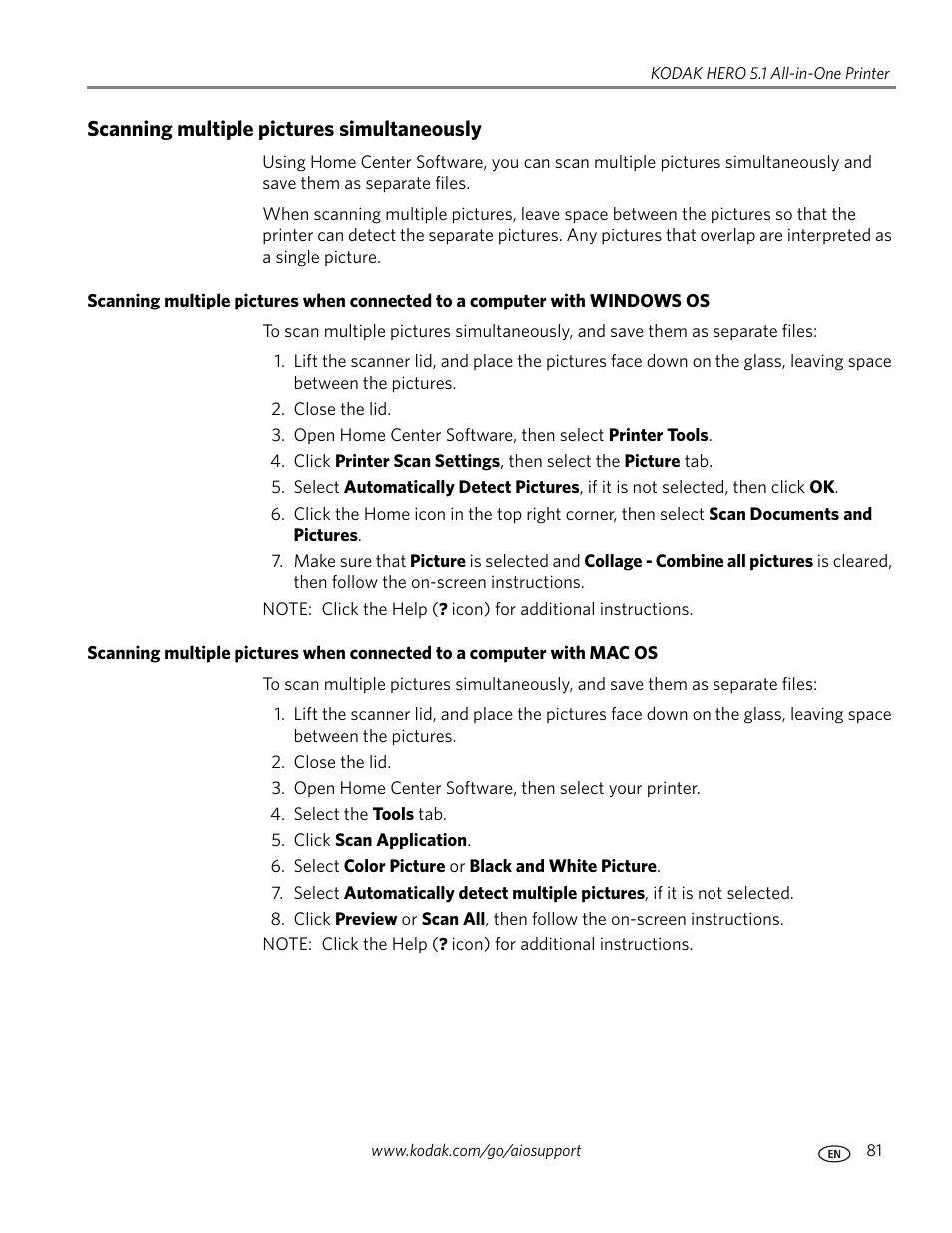 Scanning multiple pictures simultaneously | Kodak 5.1 User Manual | Page 87 / 118