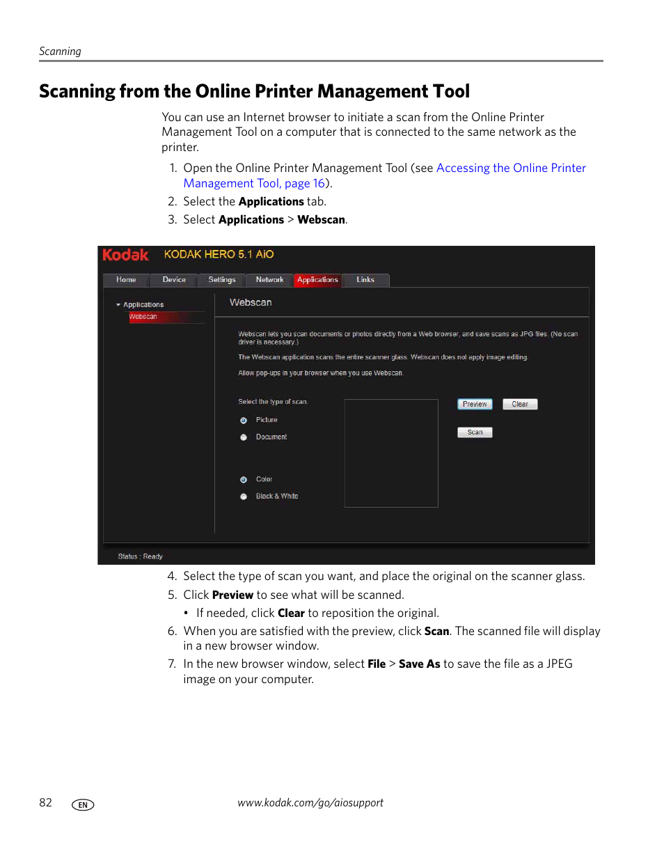 Scanning from the online printer management tool | Kodak 5.1 User Manual | Page 88 / 118