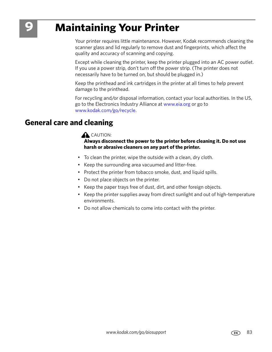 Maintaining your printer, General care and cleaning, 9 maintaining your printer | Kodak 5.1 User Manual | Page 89 / 118