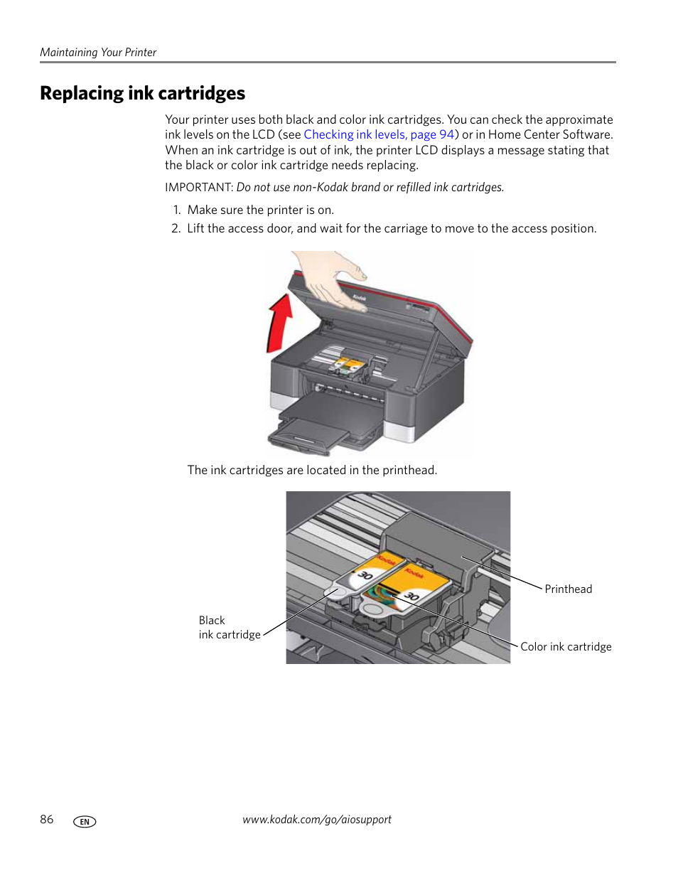 Replacing ink cartridges | Kodak 5.1 User Manual | Page 92 / 118