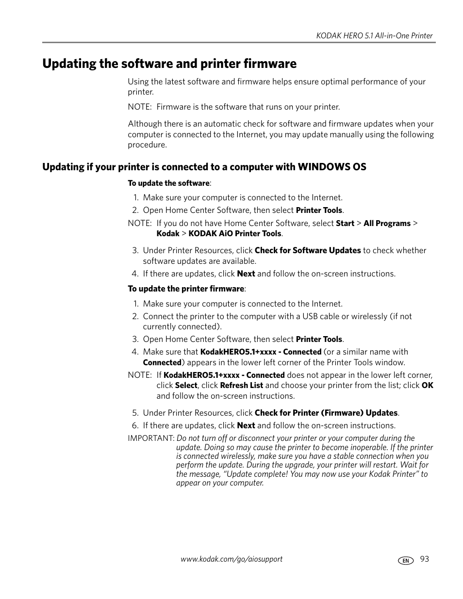 Updating the software and printer firmware | Kodak 5.1 User Manual | Page 99 / 118