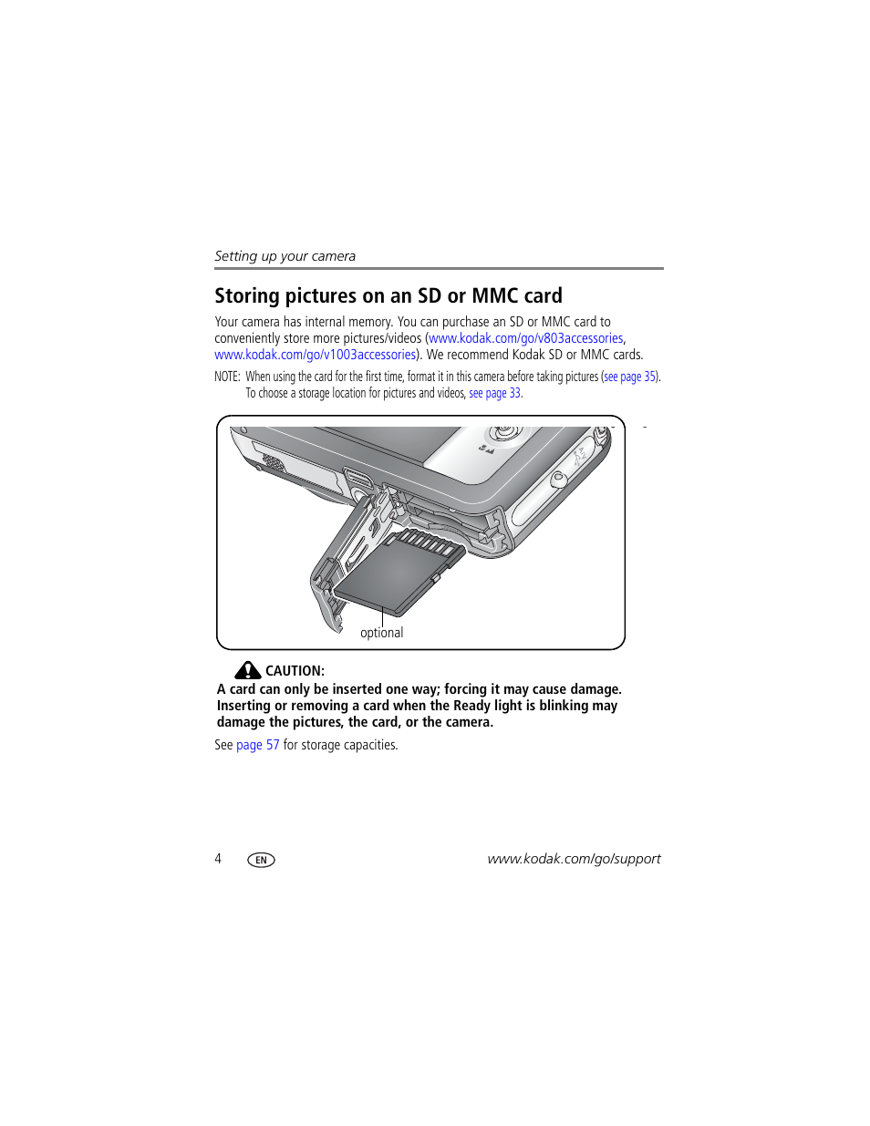 Storing pictures on an sd or mmc card | Kodak EasyShare User Manual | Page 10 / 76